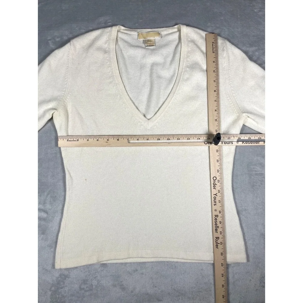 Michael Kors Cashmere Sweater Women L Ivory V-Neck Long Sleeve Knit Top